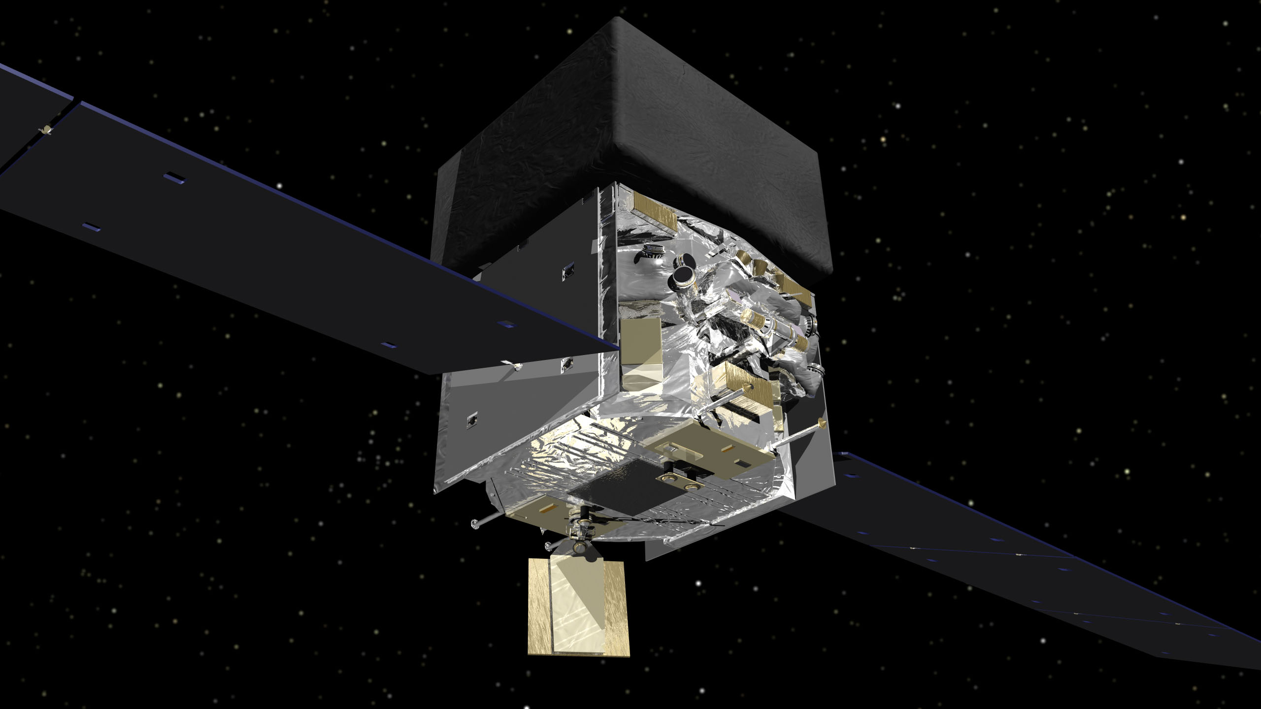 This computer graphic shows the structure of NASA’s Fermi satellite. The central, box-shaped instrumentation platform lies between the solar panels. The Large Area Telescope, data from which the astronomers evaluated, is hidden beneath the black cover visible on the top.
