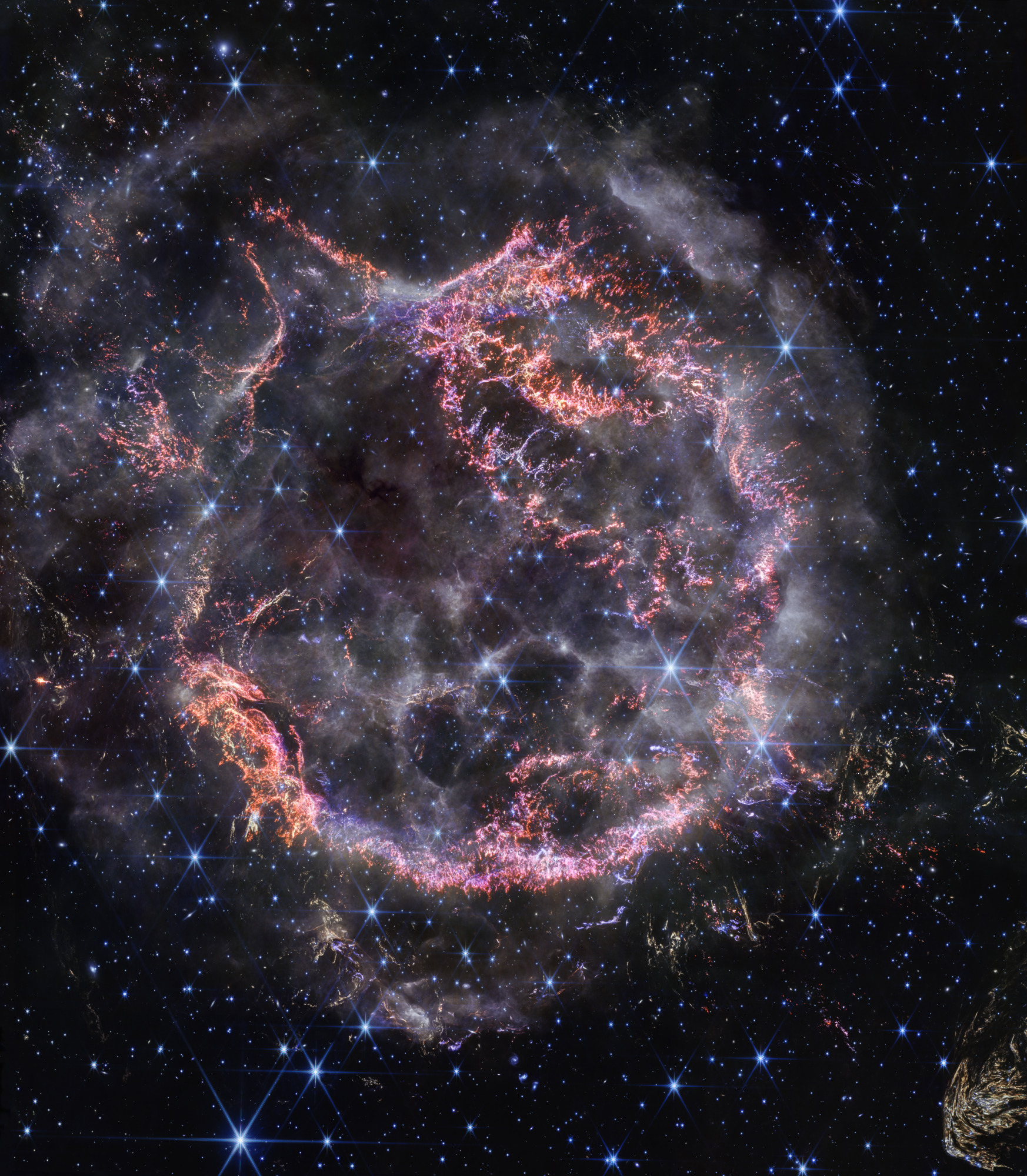 Image of the Cas A supernova remnant from JWST using NIRCam. Credit: NASA, ESA, CSA, STScI, Danny Milisavljevic (Purdue University), Ilse De Looze (UGent), Tea Temim (Princeton University)