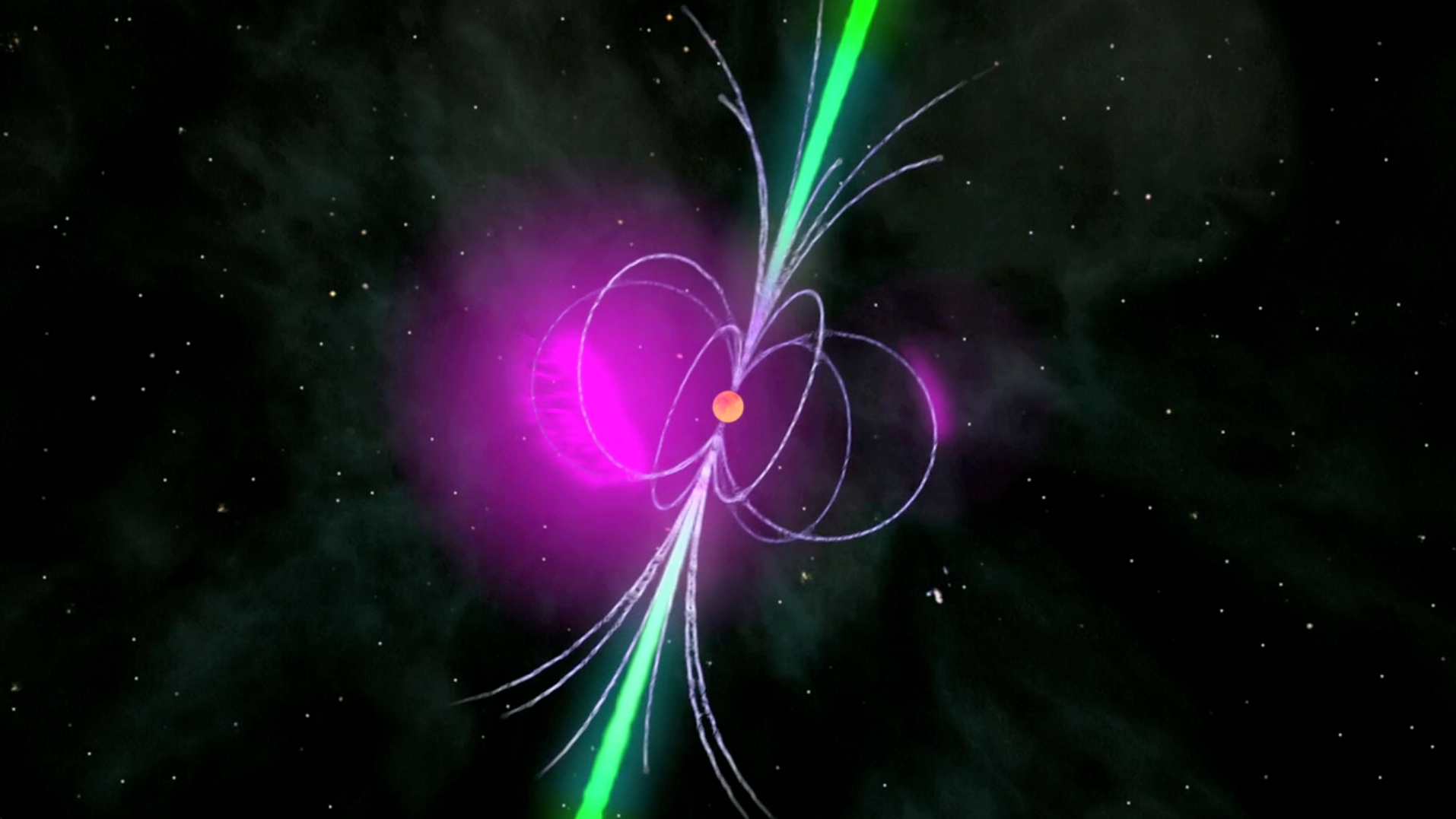 A gamma-ray pulsar is a compact neutron star that accelerates charged particles to relativistic speeds in its extremely strong magnetic field. This process produces gamma radiation (violet) far above the surface of the compact remains of the star, for example, while radio waves (green) are emitted over the magnetic poles in the form of a cone. The rotation moves the emission regions across the terrestrial line of sight, making the pulsar light up periodically in the sky.