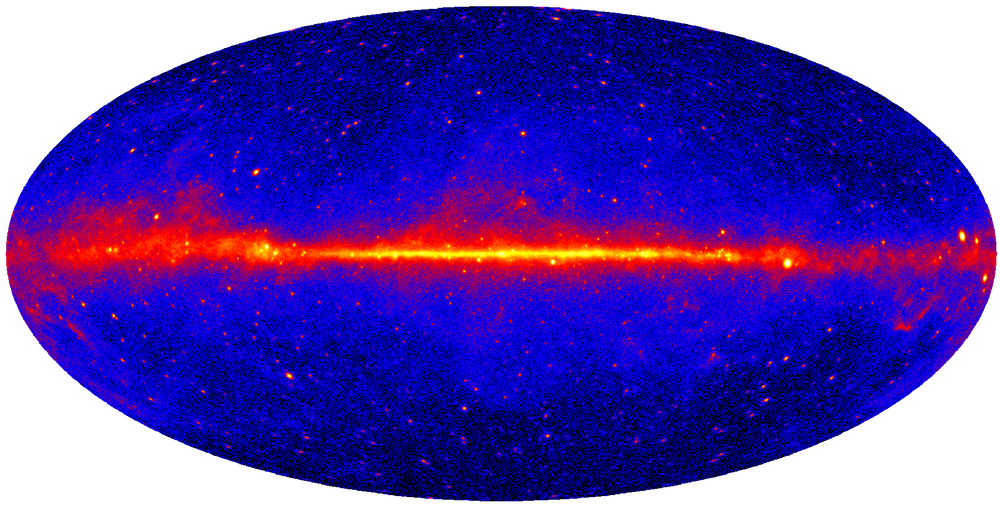 The entire gamma-ray sky as seen by the Fermi Large Area Telescope. Colors show the intensity of gamma-rays in the Fermi detection band.